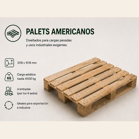 Palets americanos de madera apilados junto a una nave industrial