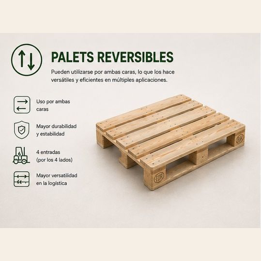 Detalle de bloques y largueros de madera de un palet reversible apilado